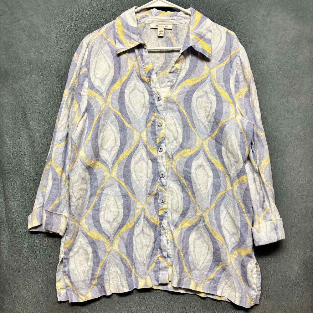 JM Collection Womens 14 100% Linen Button Up Shirt Geometric Print Blue Yellow